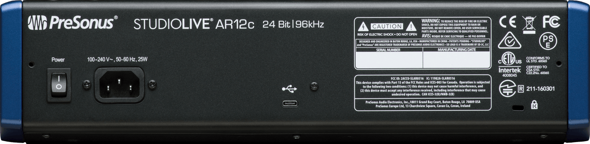 Mezcladora PreSonus StudioLive AR12c vista posterior