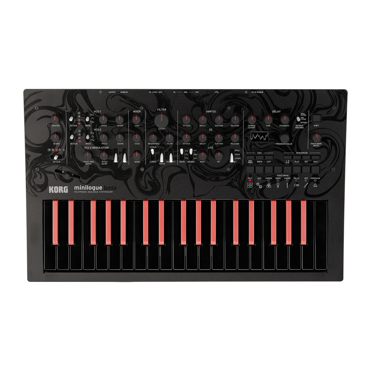 Sintetizador Korg Minilogue Bass vista oficial completa sobre fondo blanco