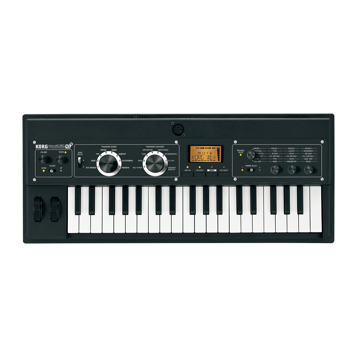 Sintetizador Korg microKORG XL+ vista oficial completa sobre fondo blanco
