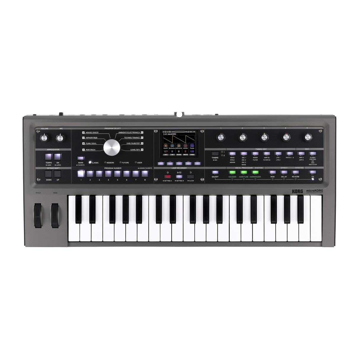 Sintetizador Korg microKORG MK 2 vista oficial completa sobre fondo blanco