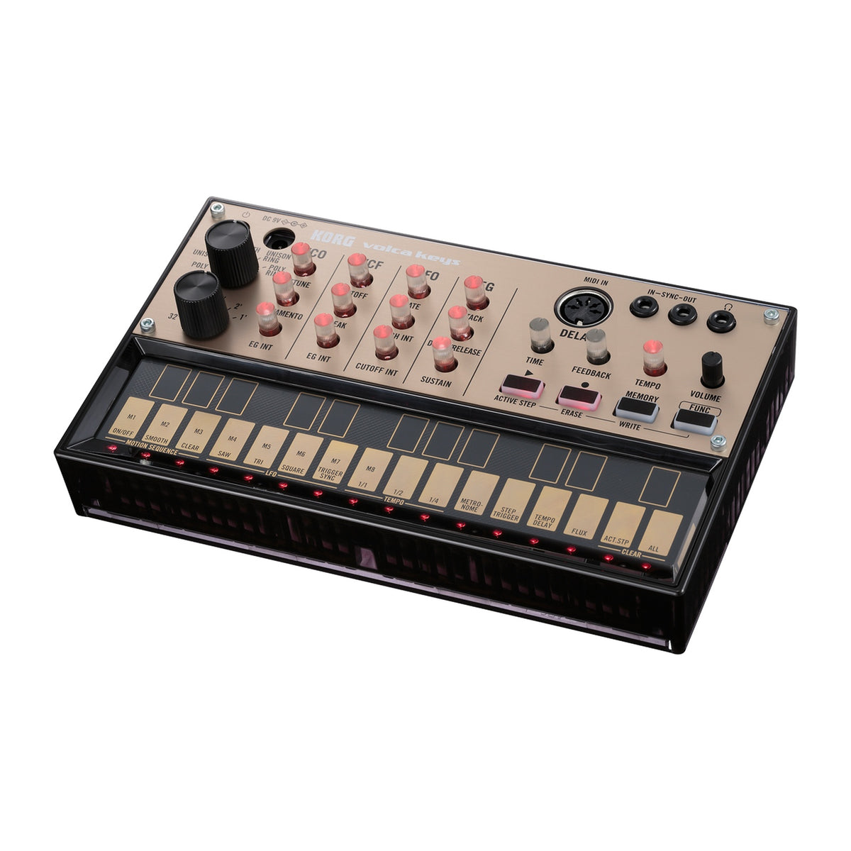 Sintetizador Korg Volca Keys vista oficial completa sobre fondo blanco