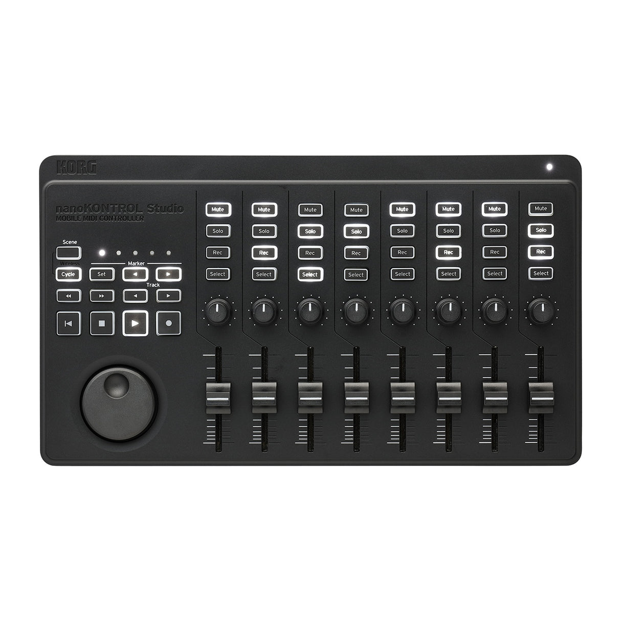 Controlador MIDI Korg nanoKONTROL ST vista oficial completa sobre fondo blanco