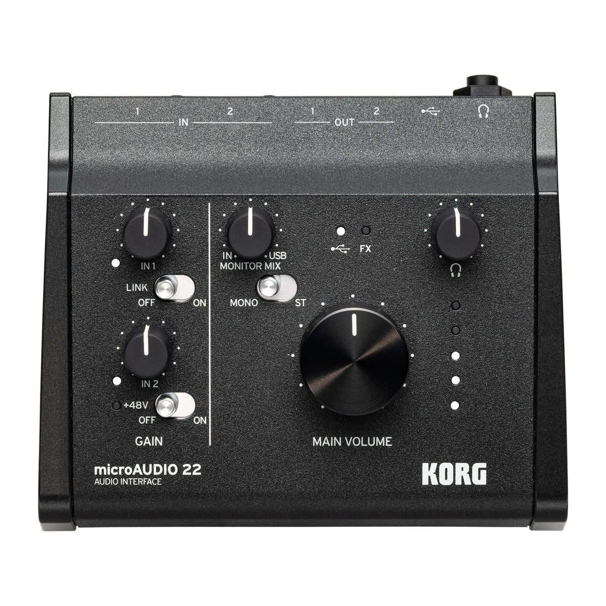 Interfaz de Audio Korg MicroAudio 22 vista oficial completa sobre fondo blanco