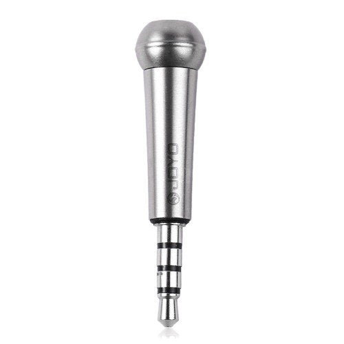 Mini micrófono condensador JOYO I-MIC plateado con conector TRRS sobre fondo blanco