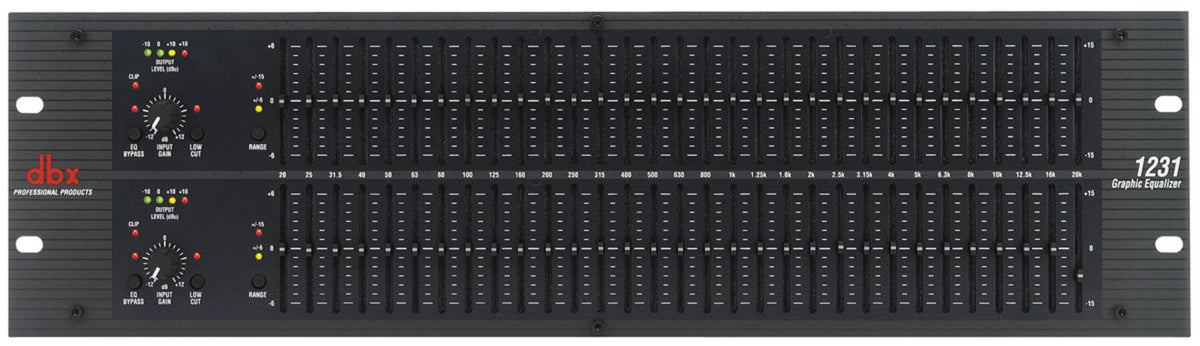 Ecualizador dbx 1231 completo, vista frontal sobre blanco