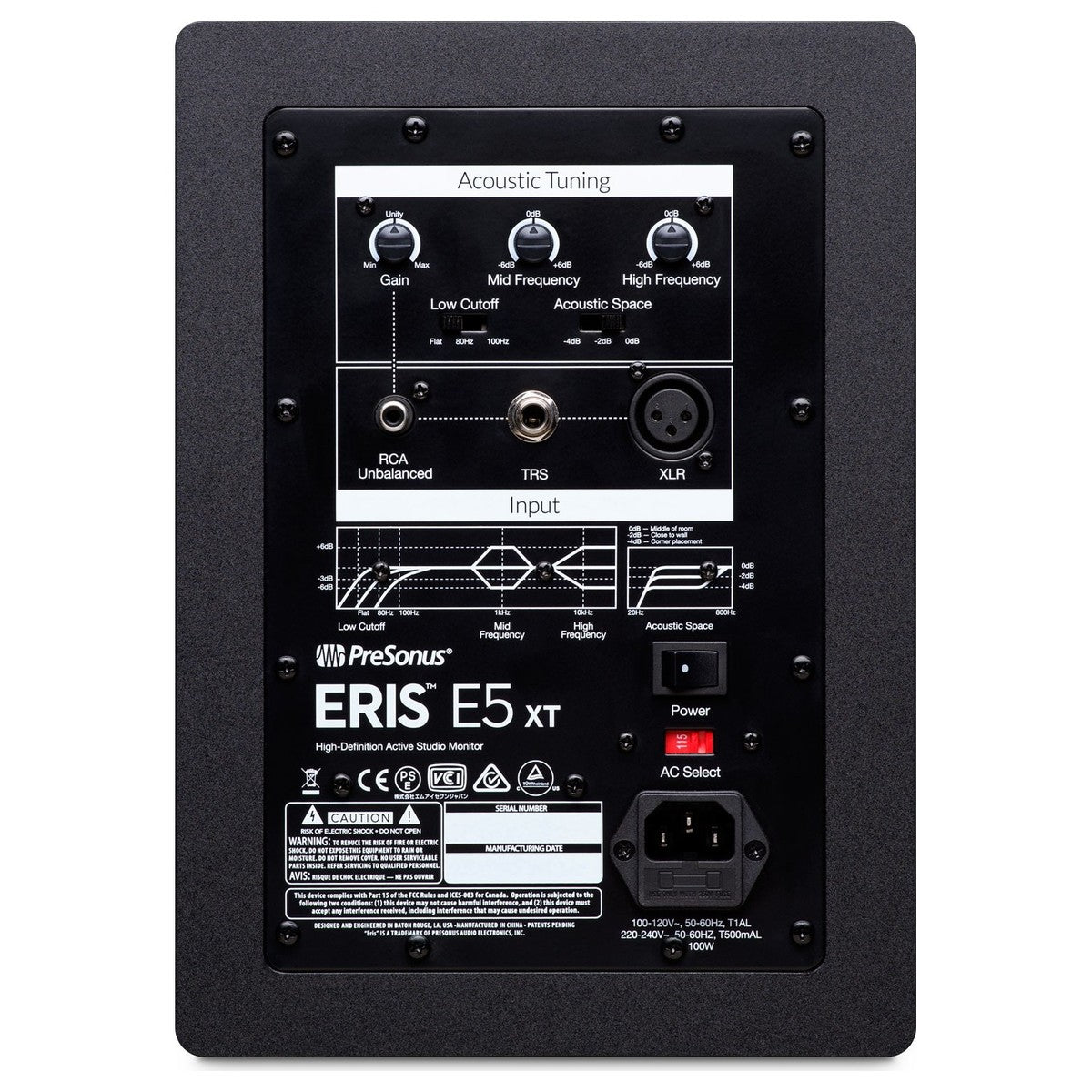 Monitor de estudio PreSonus Eris E5 XT, panel posterior con entradas y controles de ajuste acústico