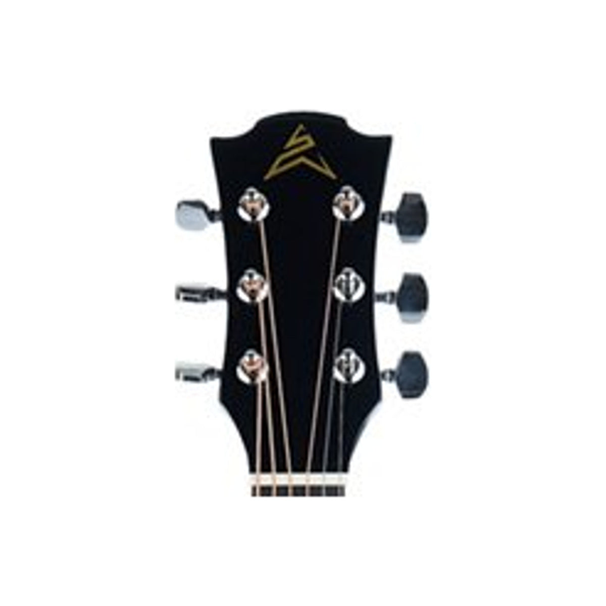 Detalle del clavijero de la guitarra electroacústica Ayson AC4110E negra sobre fondo blanco