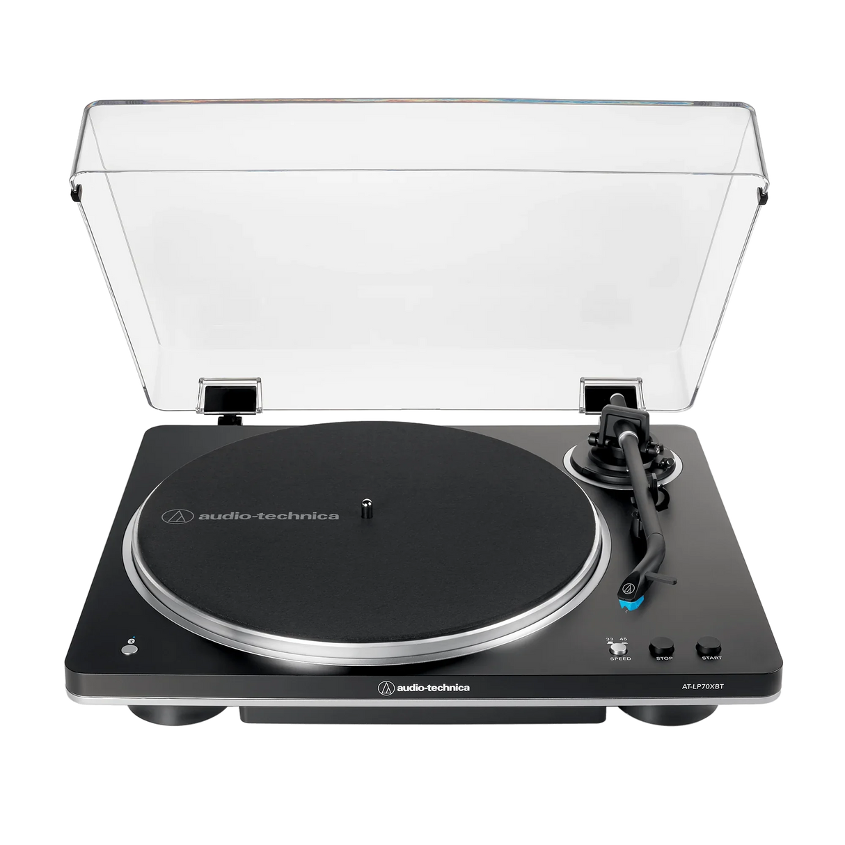 Tornamesa automática Bluetooth Audio-Technica AT-LP70XBT-BS negro/plata con cubierta abierta, vista principal