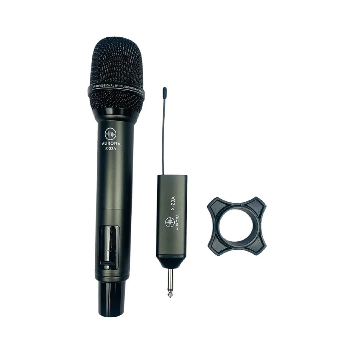 Sistema inalámbrico Aurora X-23A para micrófono con transmisor y receptor sobre fondo blanco