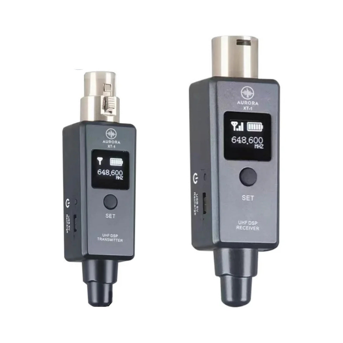 Sistema inalámbrico Aurora XT-1 con transmisor y receptor sobre fondo blanco