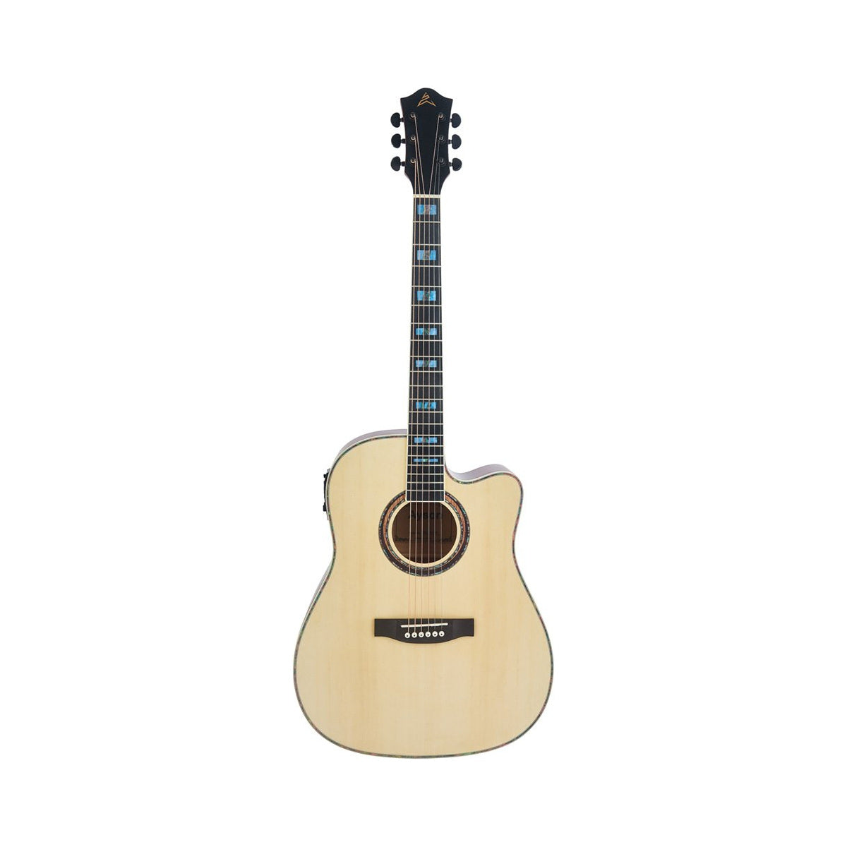 Guitarra electroacústica Ayson BL380 natural completa sobre fondo blanco