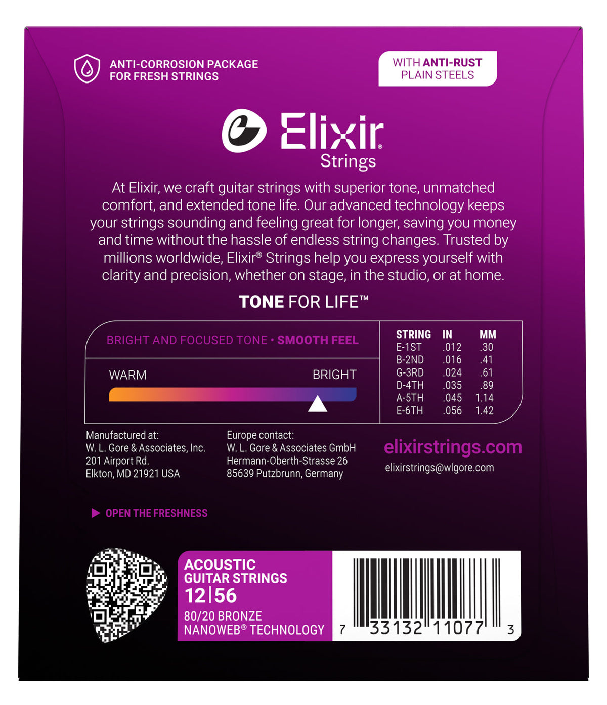 Empaque posterior de cuerdas Elixir 11077, calibres y especificaciones oficiales 12-56