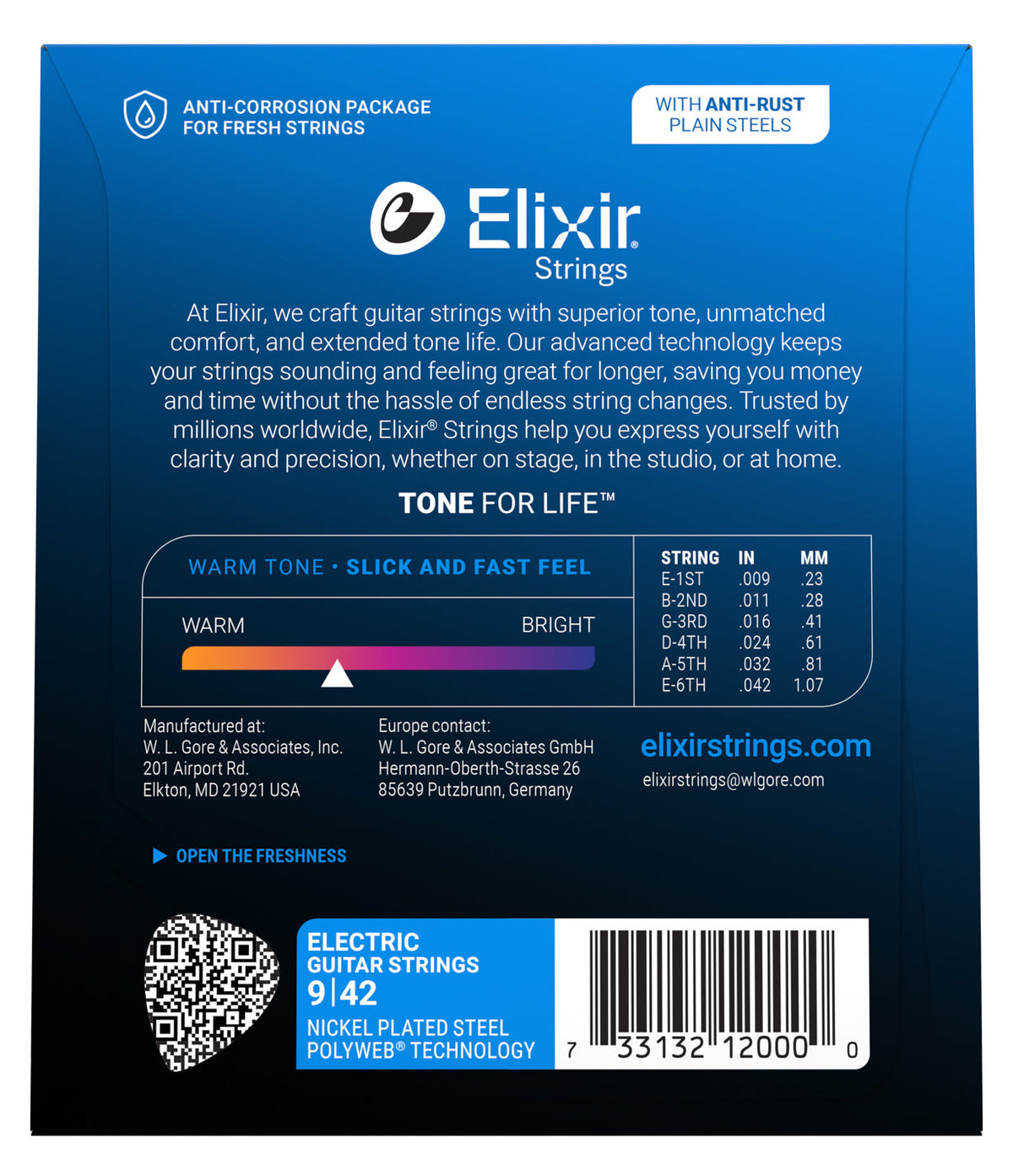 Empaque posterior de cuerdas Elixir 12000, calibres y especificaciones oficiales 09-42