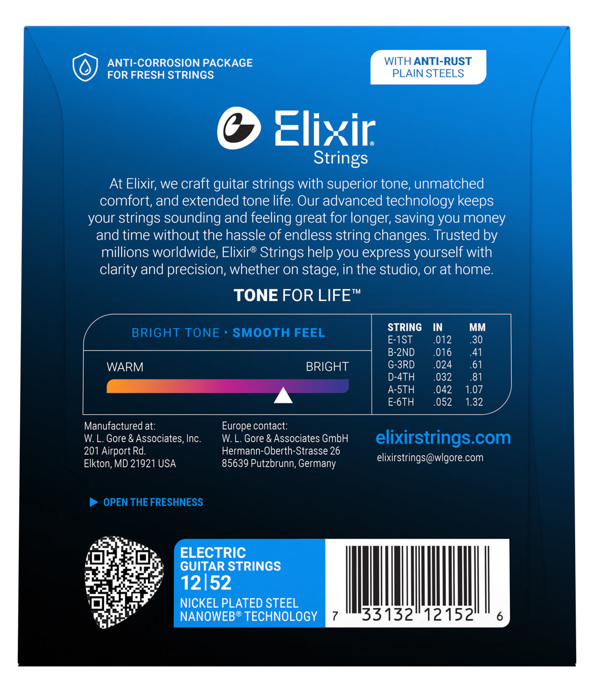 Empaque posterior de cuerdas Elixir 12152, calibres y especificaciones oficiales 12-52