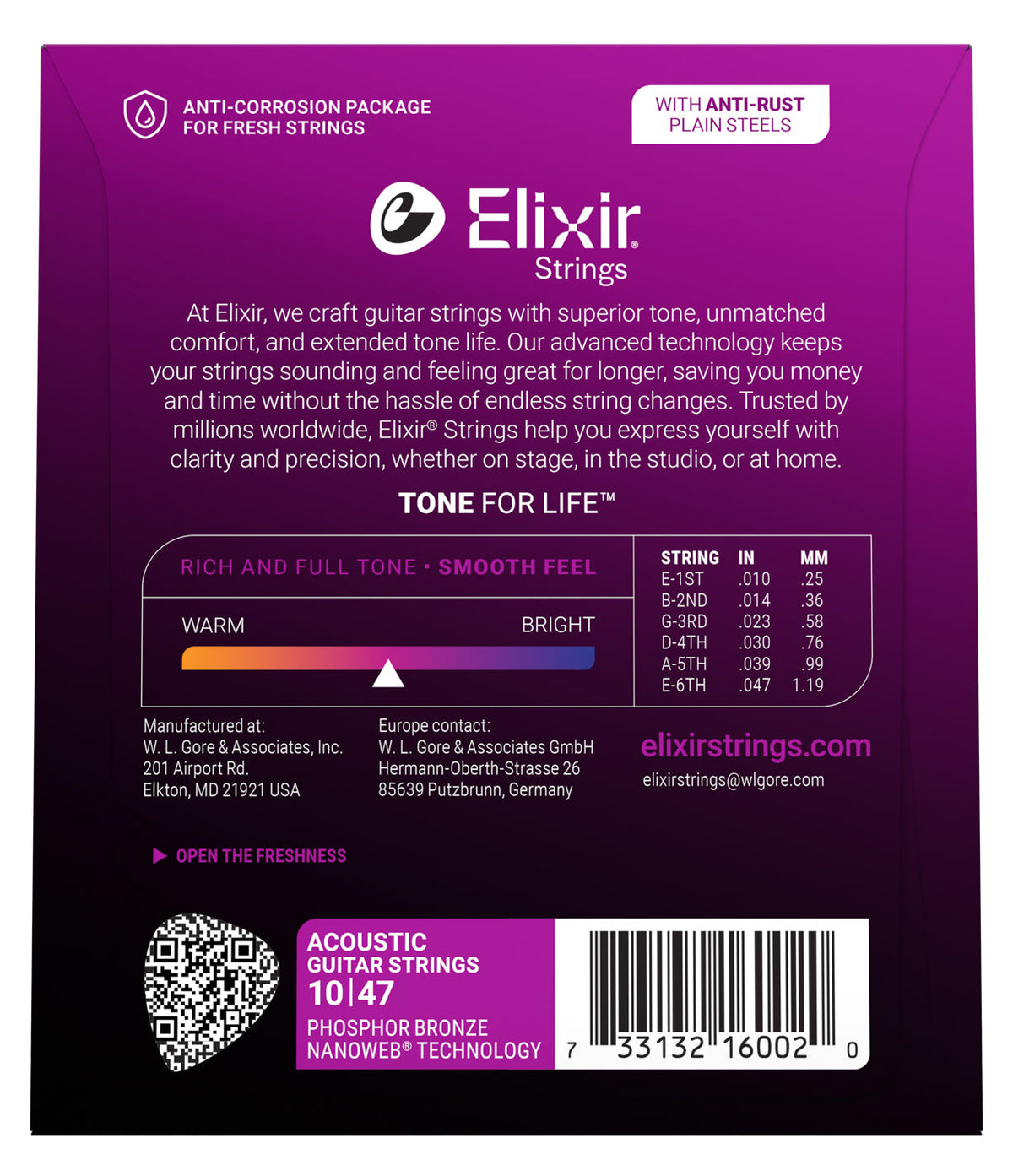 Empaque posterior de cuerdas Elixir 16002, calibres y especificaciones oficiales 10-47