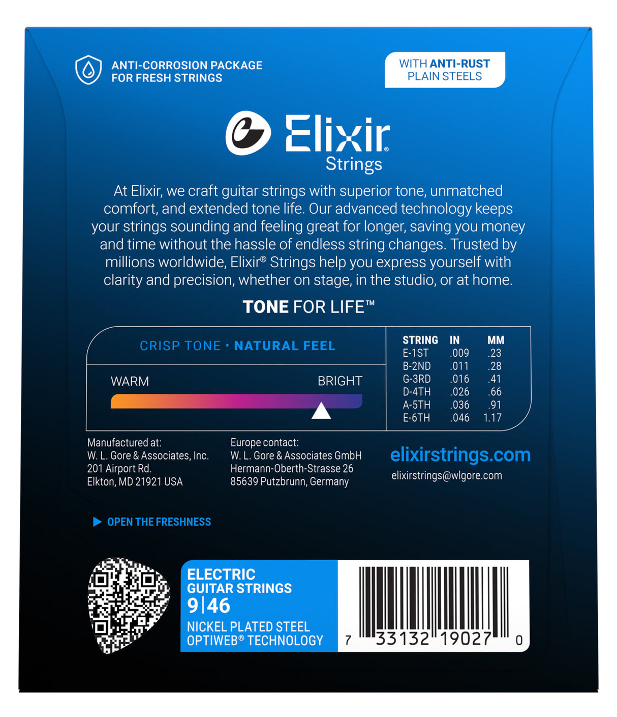 Empaque posterior de cuerdas Elixir 19027, calibres y especificaciones oficiales 09-46