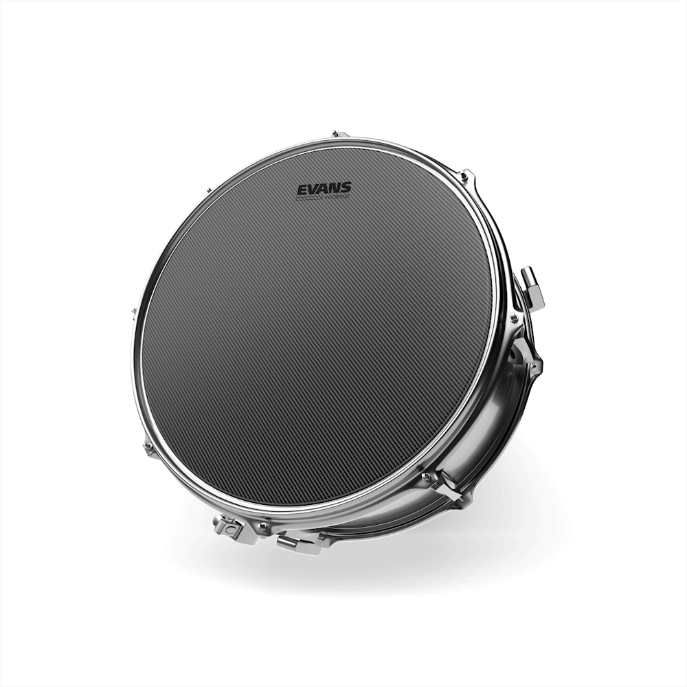 Parche Evans Hybrid Coated B14MHG instalado en redoblante