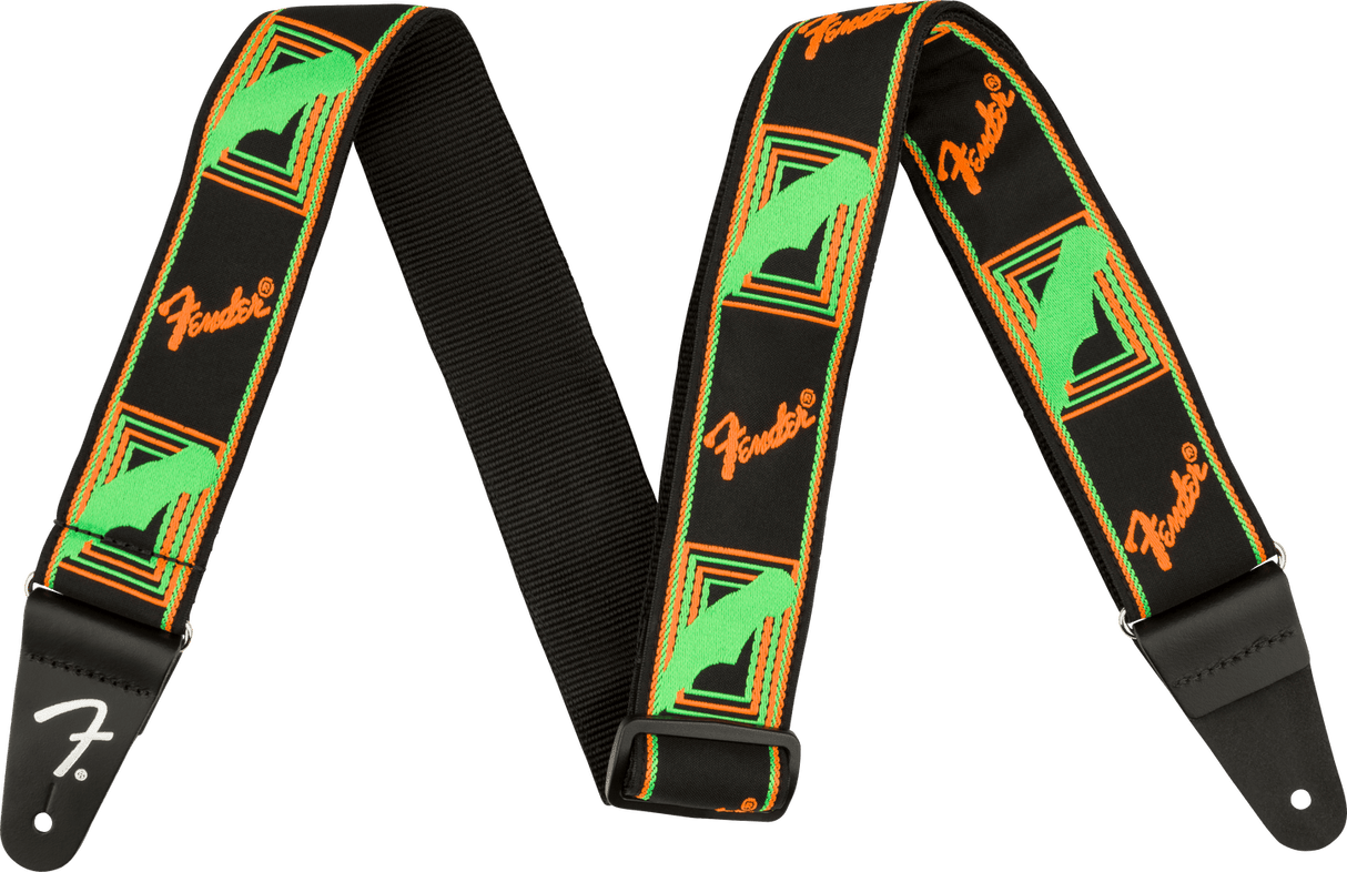 Correa Fender Neon Monogrammed verde y naranja, vista frontal