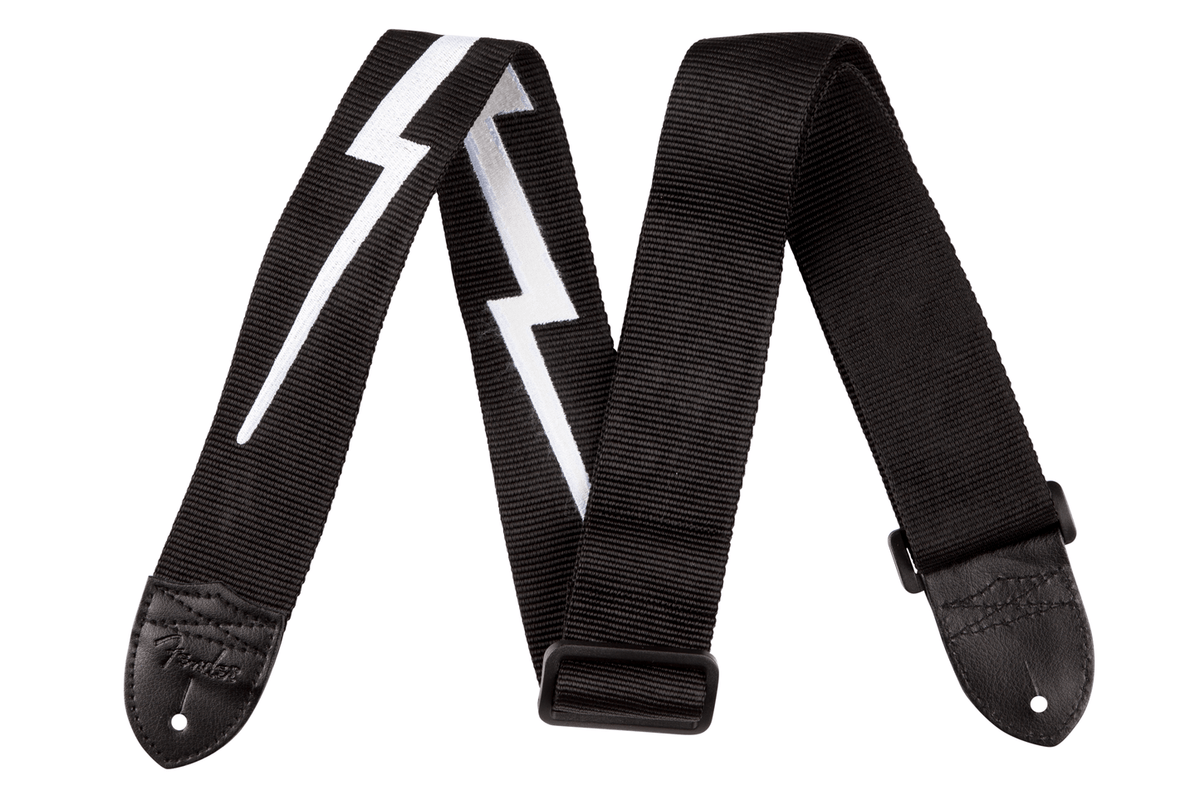 Correa Fender Nylon Lightning Bolt negra y blanca, vista frontal