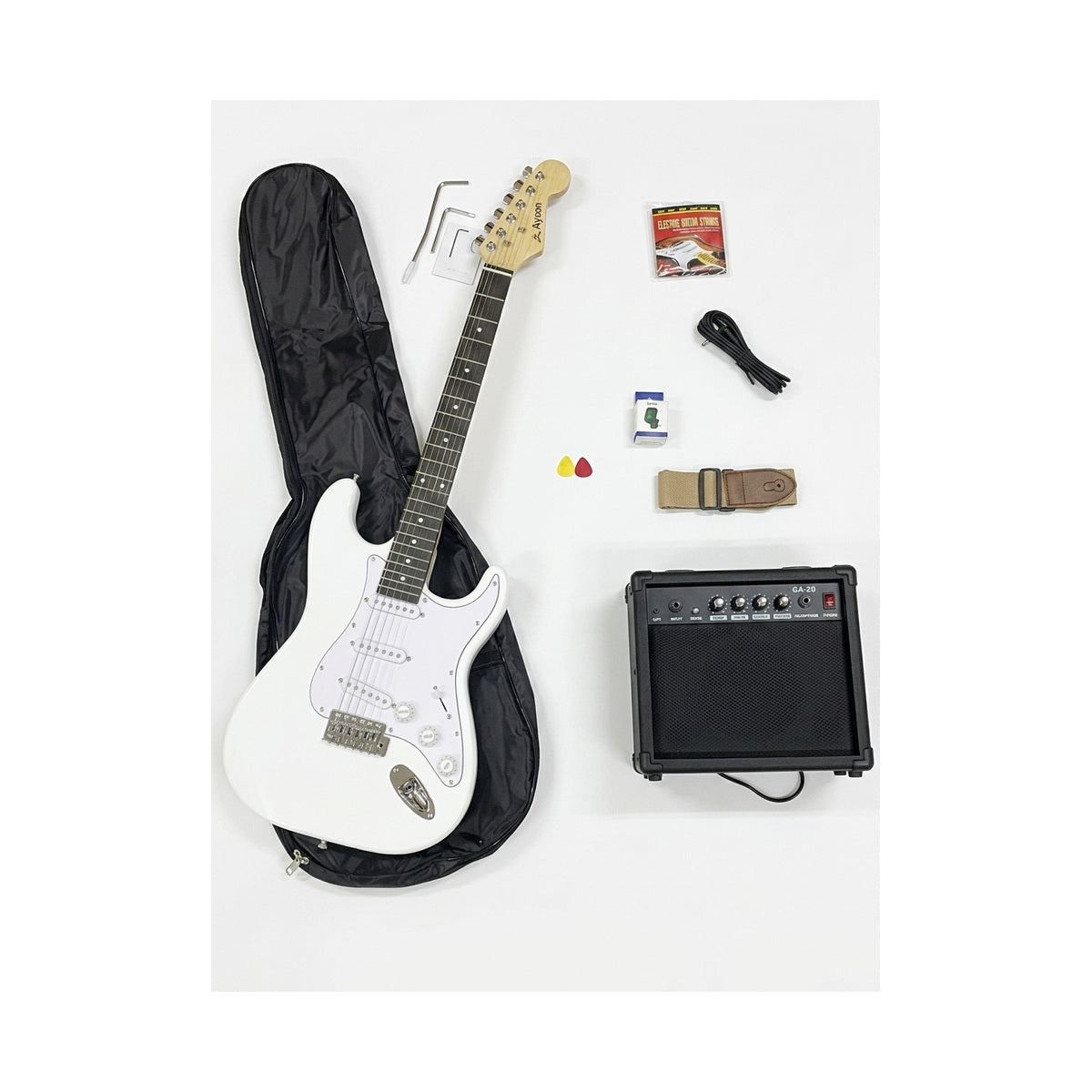 Combo Guitarra Eléctrica Ayson Blanca ST-SET completo con guitarra, funda, amplificador y accesorios sobre fondo blanco