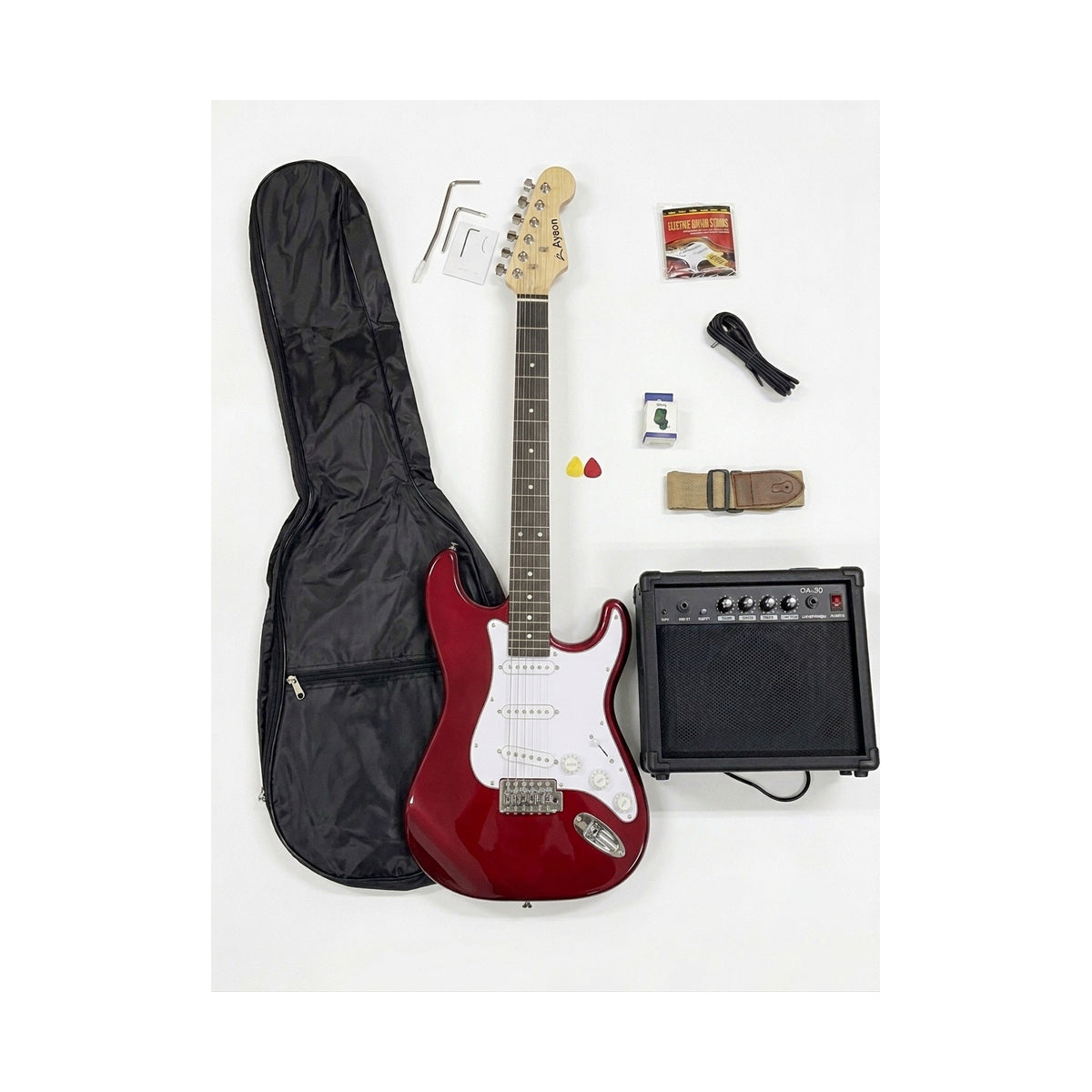 Combo Guitarra Eléctrica Ayson Roja ST-SET completo con guitarra, funda, amplificador y accesorios sobre fondo blanco