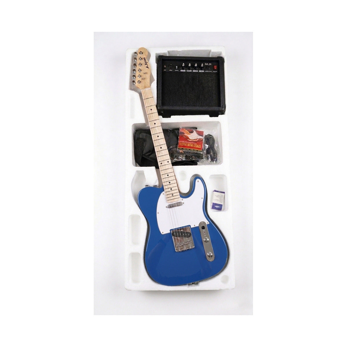 Combo Guitarra Eléctrica Ayson Telecaster Azul TL-SET completo en su embalaje con amplificador y accesorios sobre fondo blanco