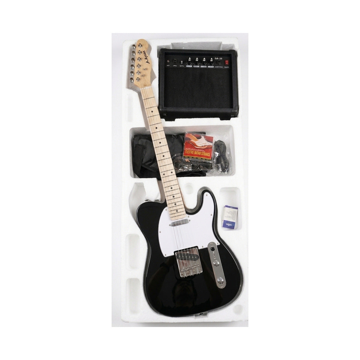 Guitarra Telecaster negra del combo Ayson TL-SET en vista diagonal dentro de su embalaje sobre fondo blanco