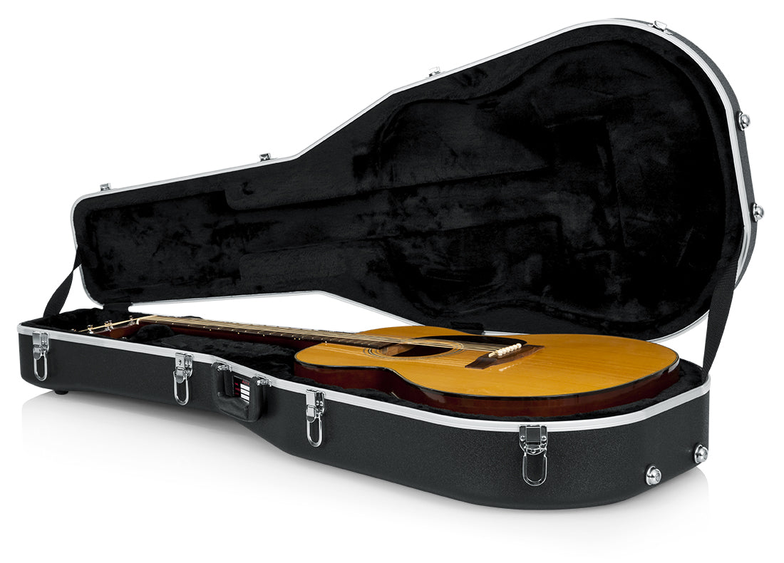 Estuche duro Gator GC-DREAD abierto con guitarra y accesorios