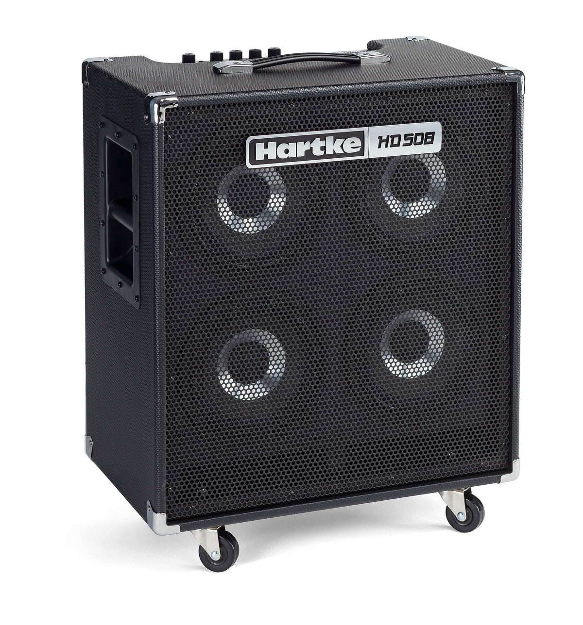 Amplificador Hartke HD508 vista diagonal con ruedas