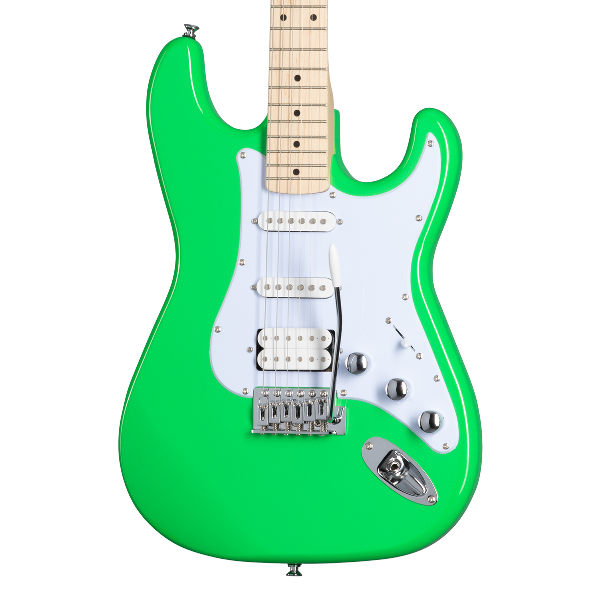 Guitarra Kramer Focus VT-211S Neon Green – detalle del cuerpo, pastillas y puente