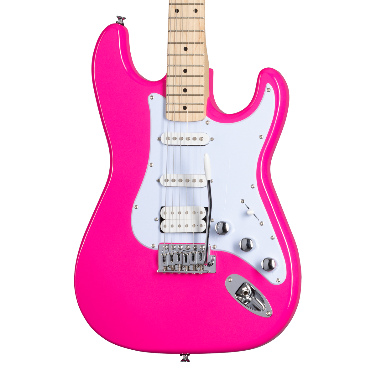 Guitarra Kramer Focus VT-211S Hot Pink – detalle del cuerpo, pastillas y puente