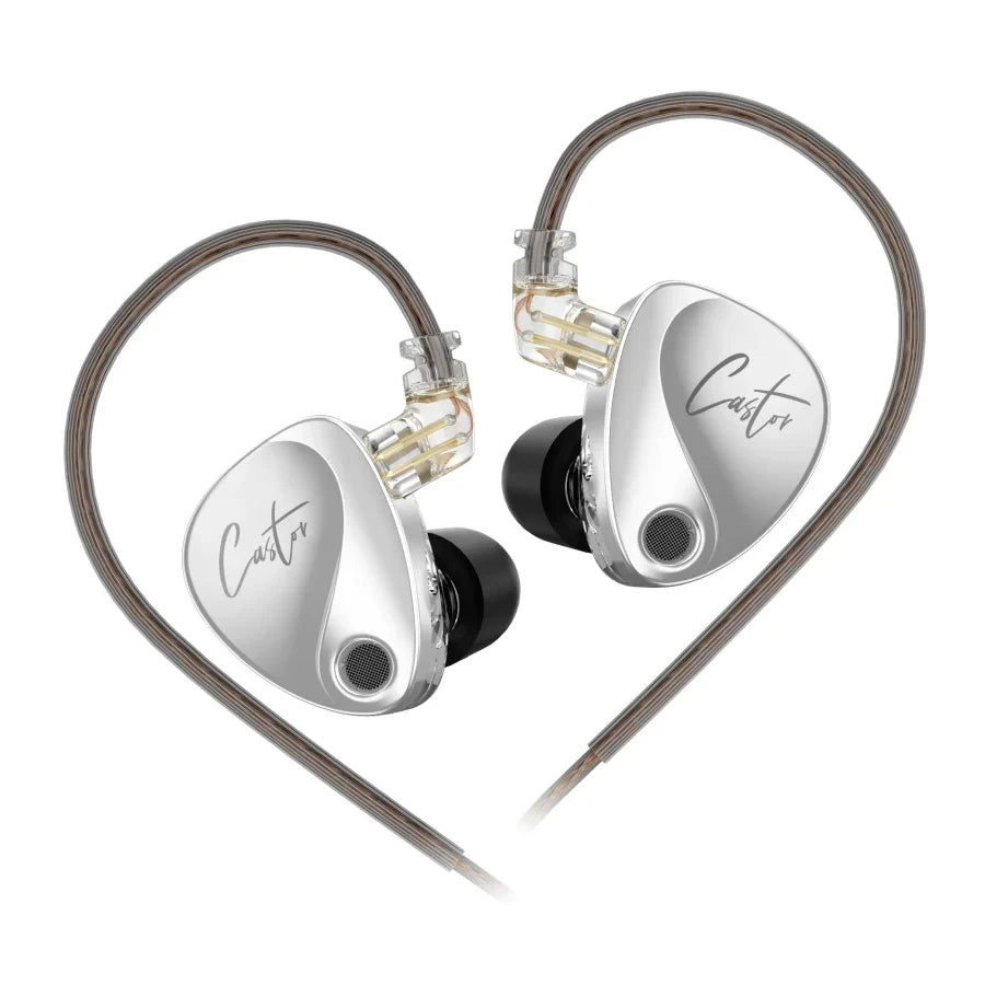 Audífonos in-ear KZ Castor plateados, vista principal centrada