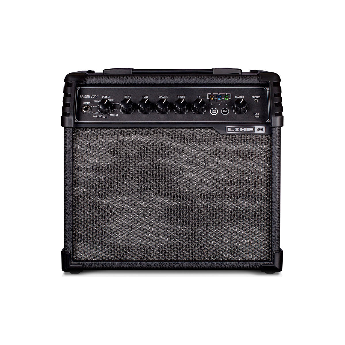Amplificador Line 6 Spider V 20 MkII, vista frontal sobre fondo blanco