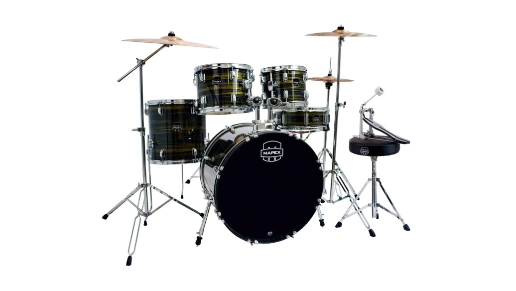 Batería Mapex Comet CM5295FTC Ebony Yellow Grain con hardware, platillos y banqueta, vista completa