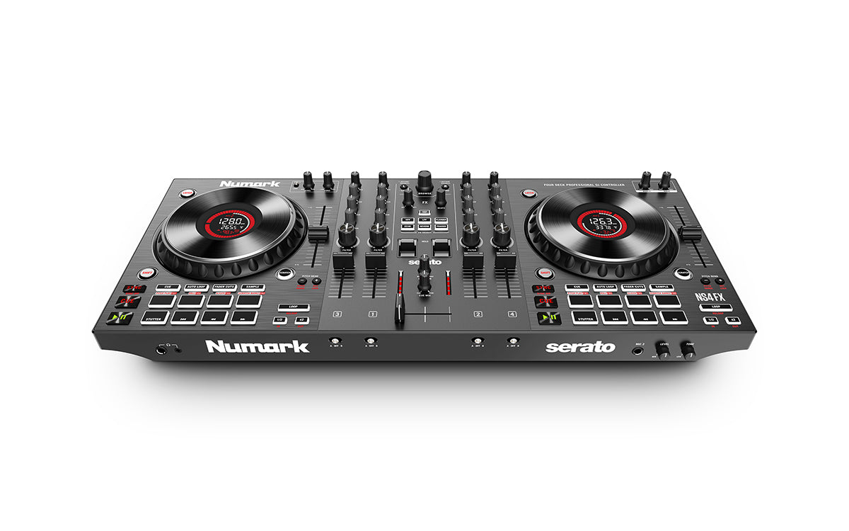 Controlador DJ Numark NS4FX vista frontal completa