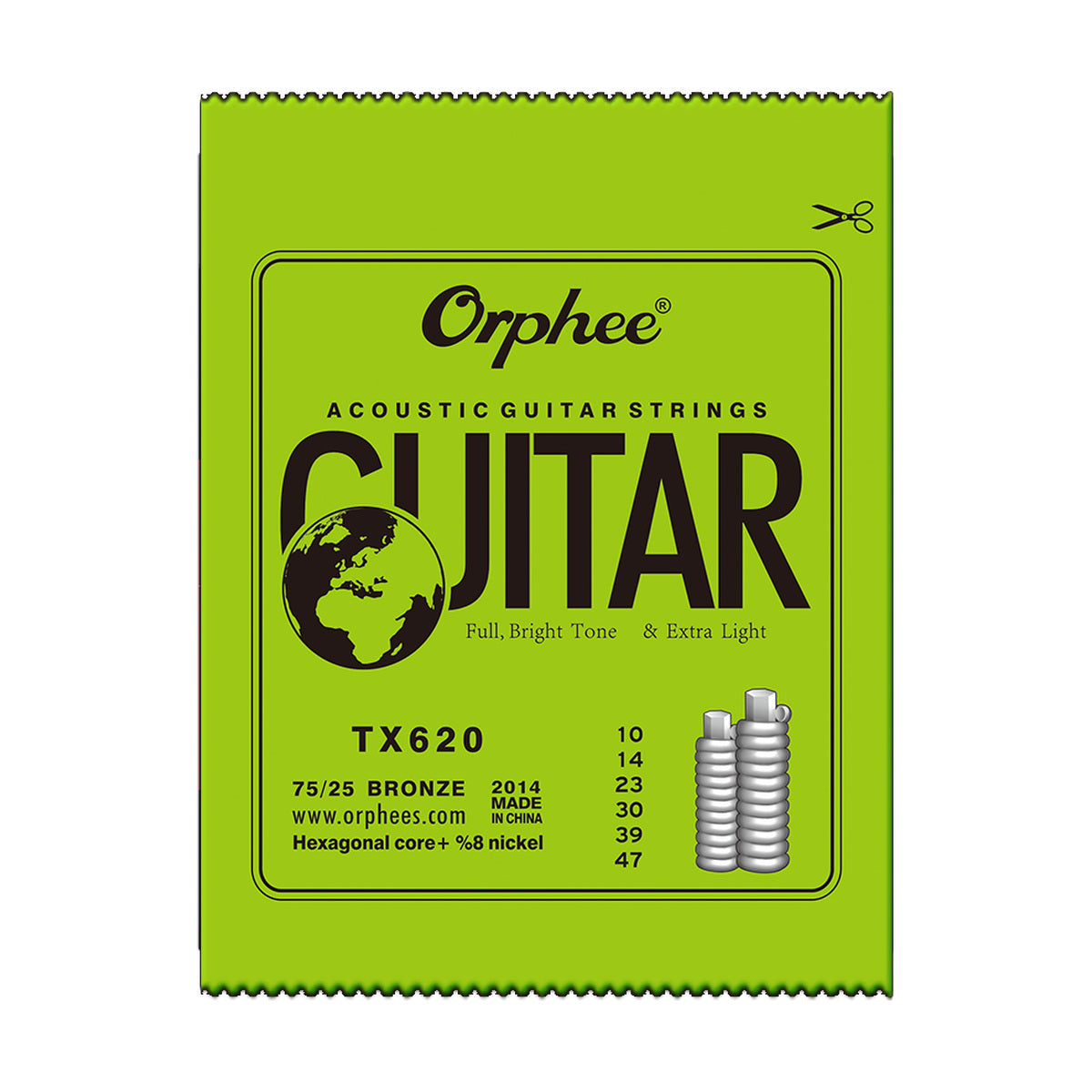 Empaque oficial del encordado Orphee TX620 para guitarra acústica, calibre .010–.047