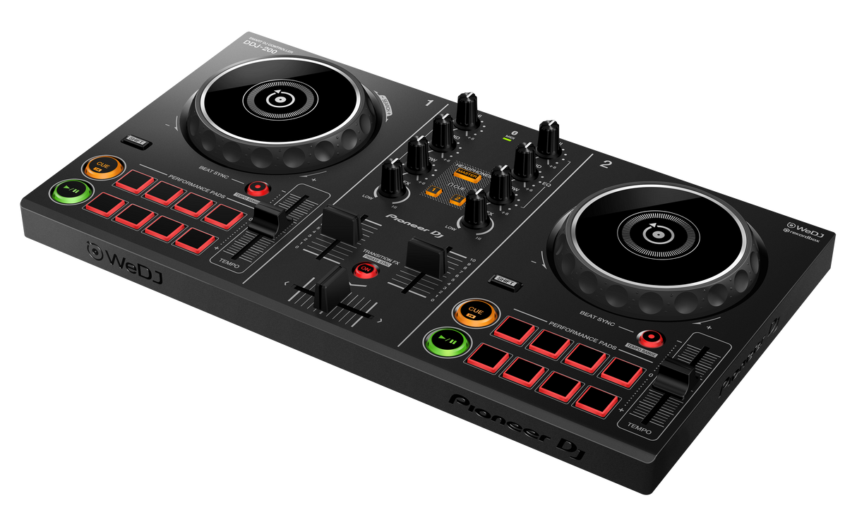Controlador DJ Pioneer DDJ-200, vista frontal en ángulo