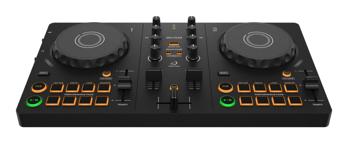 Controlador DJ DDJ-FLX2, vista frontal en ángulo