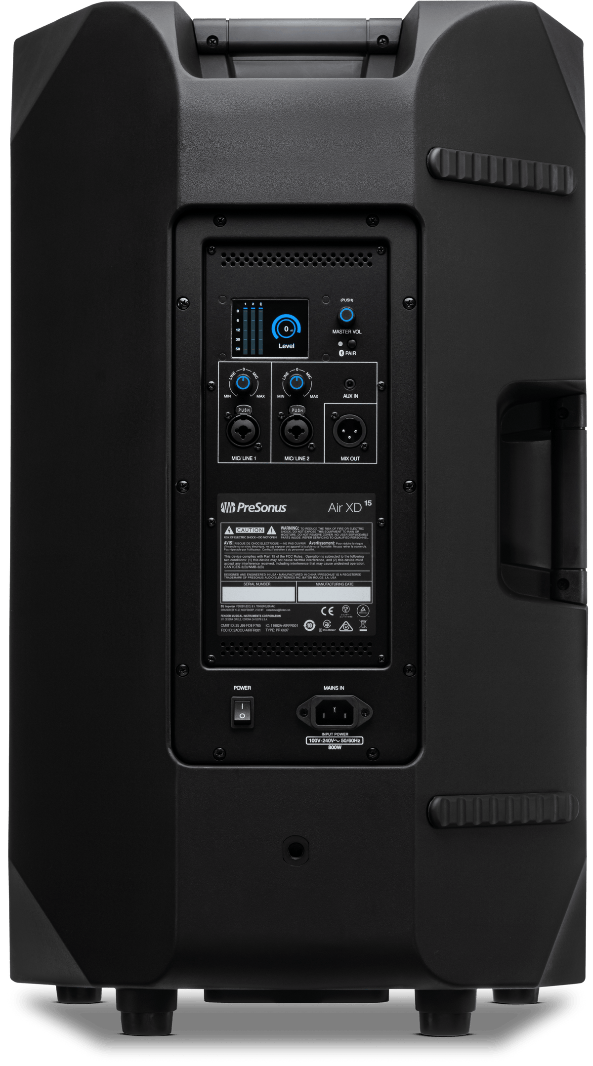 Cabina activa PreSonus AIR XD 15 vista posterior completa sobre fondo blanco