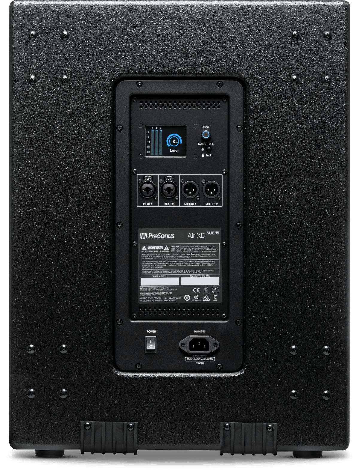 Subwoofer activo PreSonus AIR XD Sub 15 vista posterior completa sobre fondo blanco