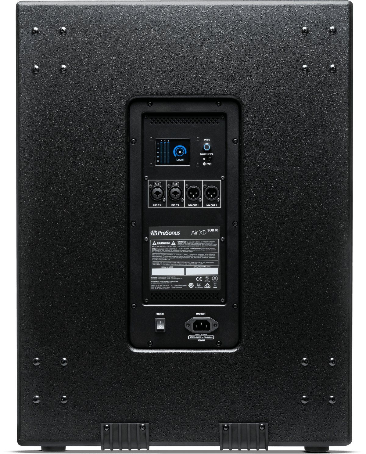 Subwoofer activo PreSonus AIR XD Sub 18 vista posterior completa sobre fondo blanco