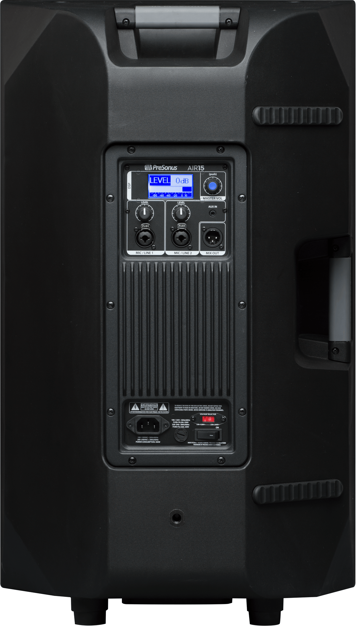 Cabina activa PreSonus AIR15 vista posterior completa sobre fondo blanco