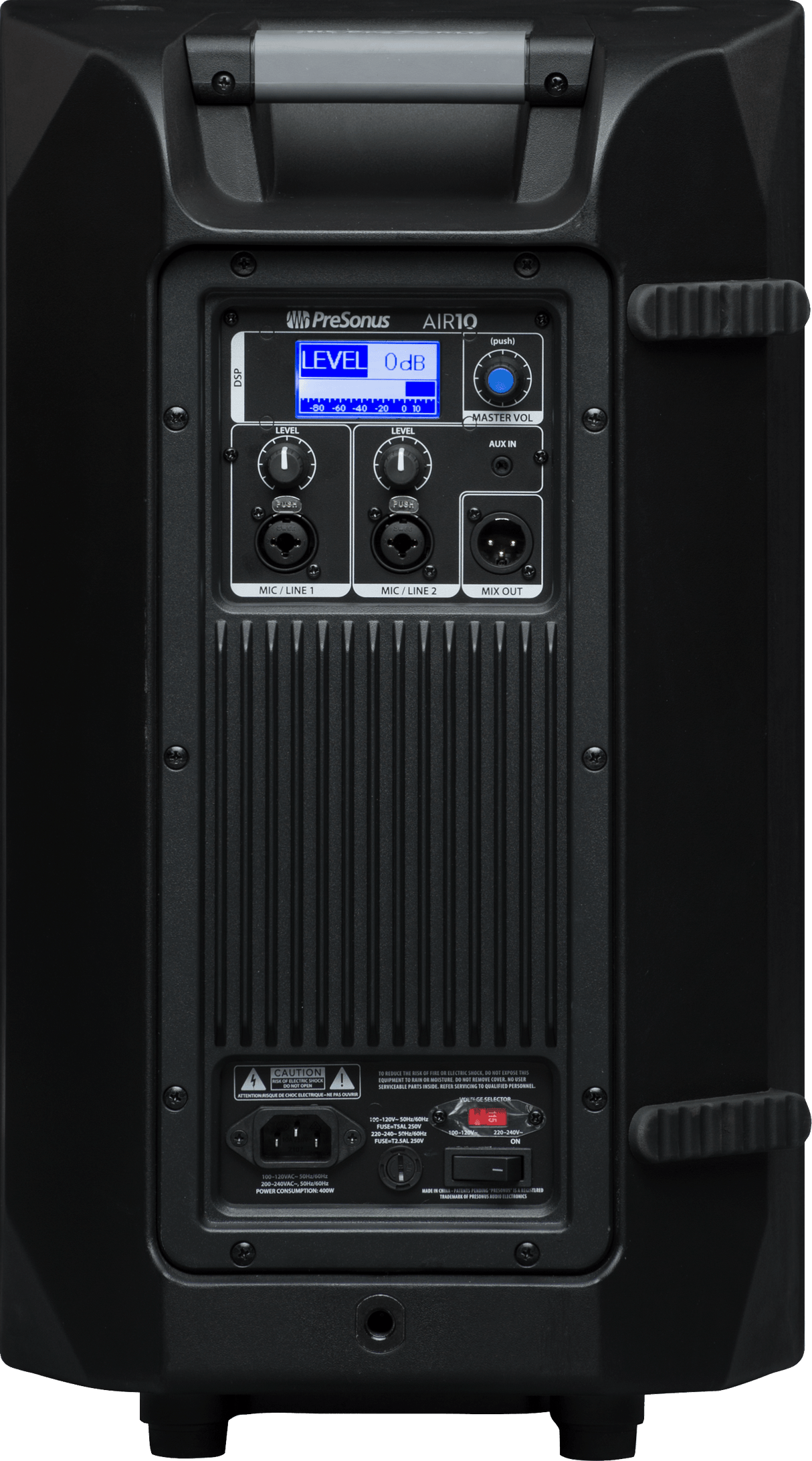 Cabina activa PreSonus AIR10 vista posterior completa sobre fondo blanco