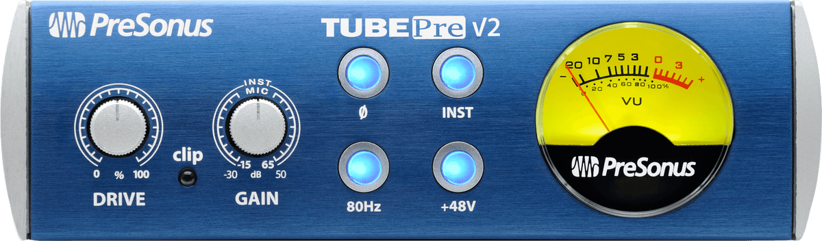 Preamplificador PreSonus TubePre V2 vista frontal completa sobre fondo blanco