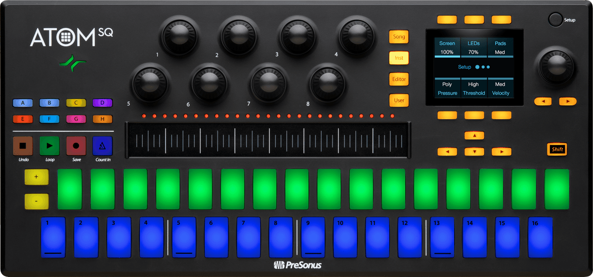 Controlador MIDI PreSonus ATOM SQ vista principal completa sobre fondo blanco