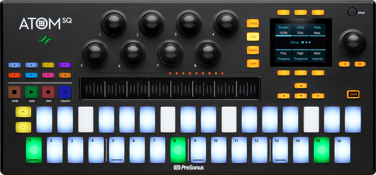 Controlador MIDI PreSonus ATOM SQ vista secundaria completa sobre fondo blanco