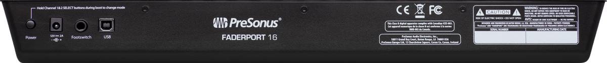Superficie de control PreSonus FaderPort 16 vista secundaria completa sobre fondo blanco
