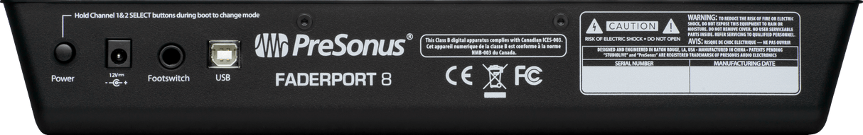 Superficie de control PreSonus FaderPort 8 vista secundaria completa sobre fondo blanco