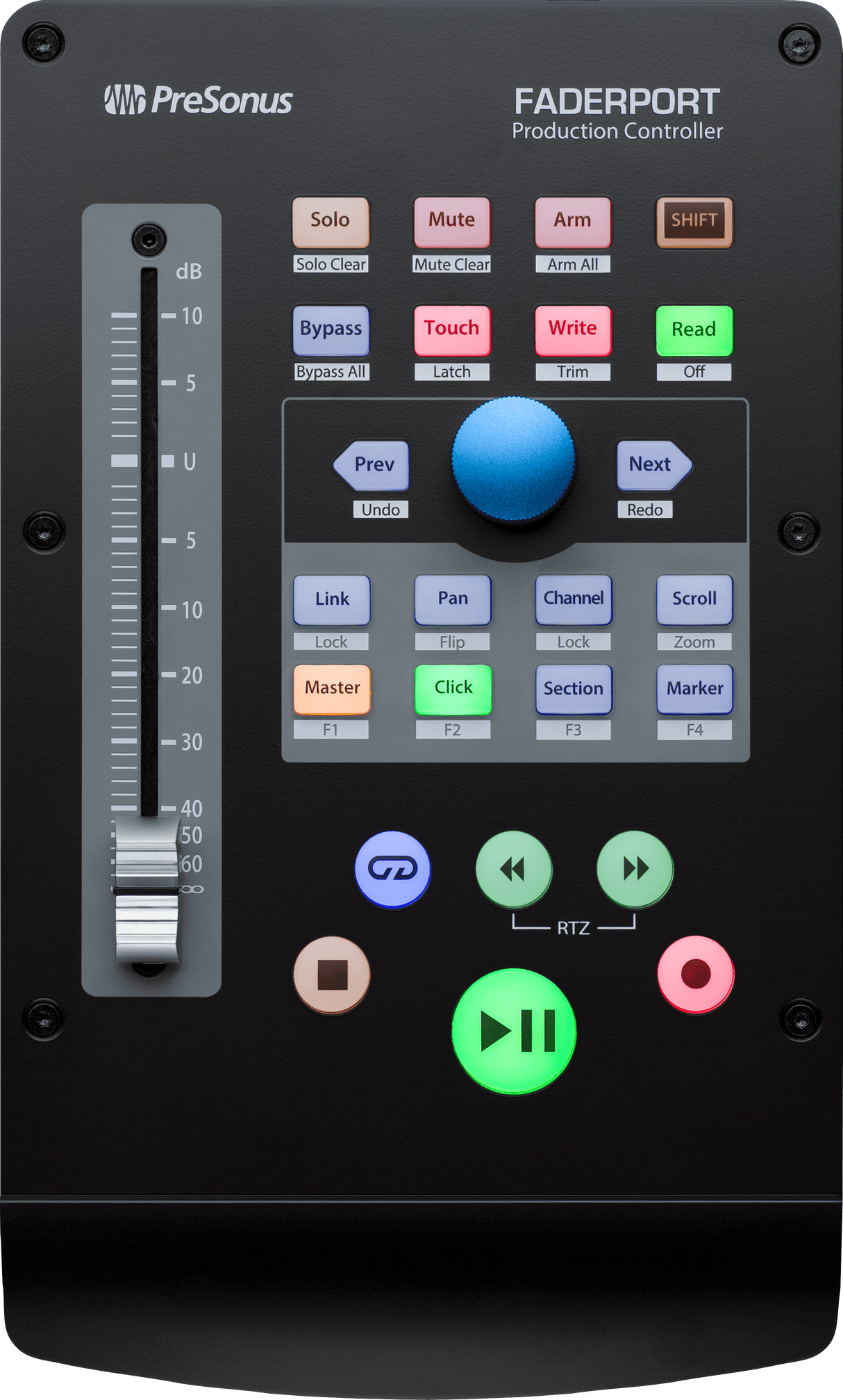 Superficie de control PreSonus FaderPort V2 vista principal completa sobre fondo blanco