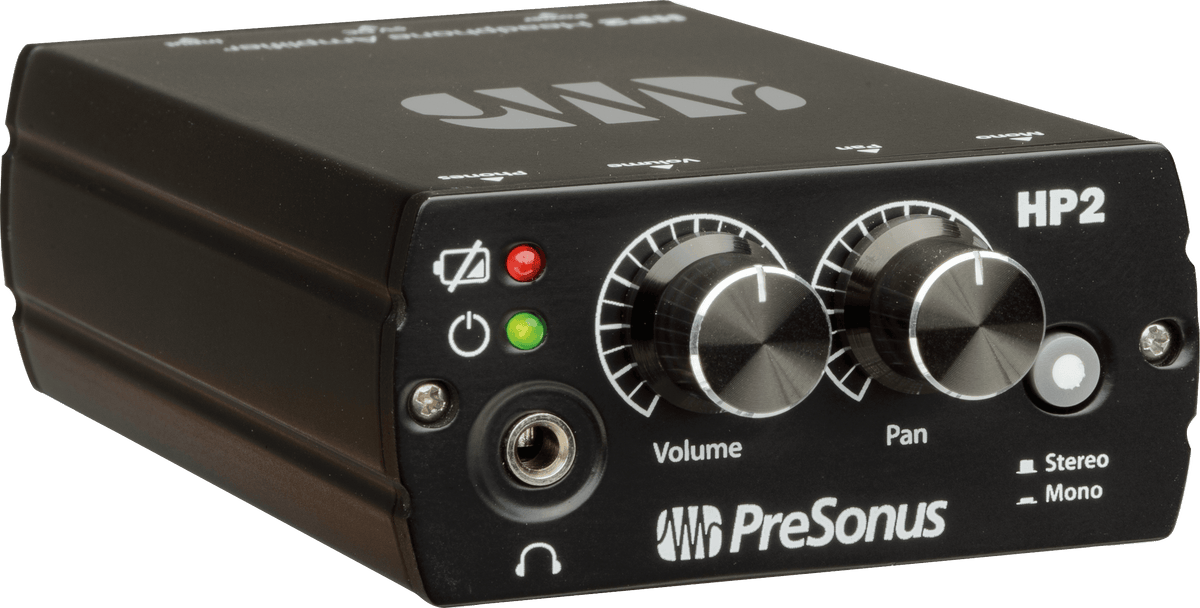 Amplificador de audífonos PreSonus HP2 vista secundaria completa sobre fondo blanco